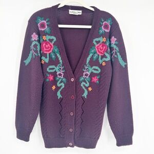 Alfred Dunner Womens Vintage Embroidered Floral Wool Blend Cardigan Sweater‎ S